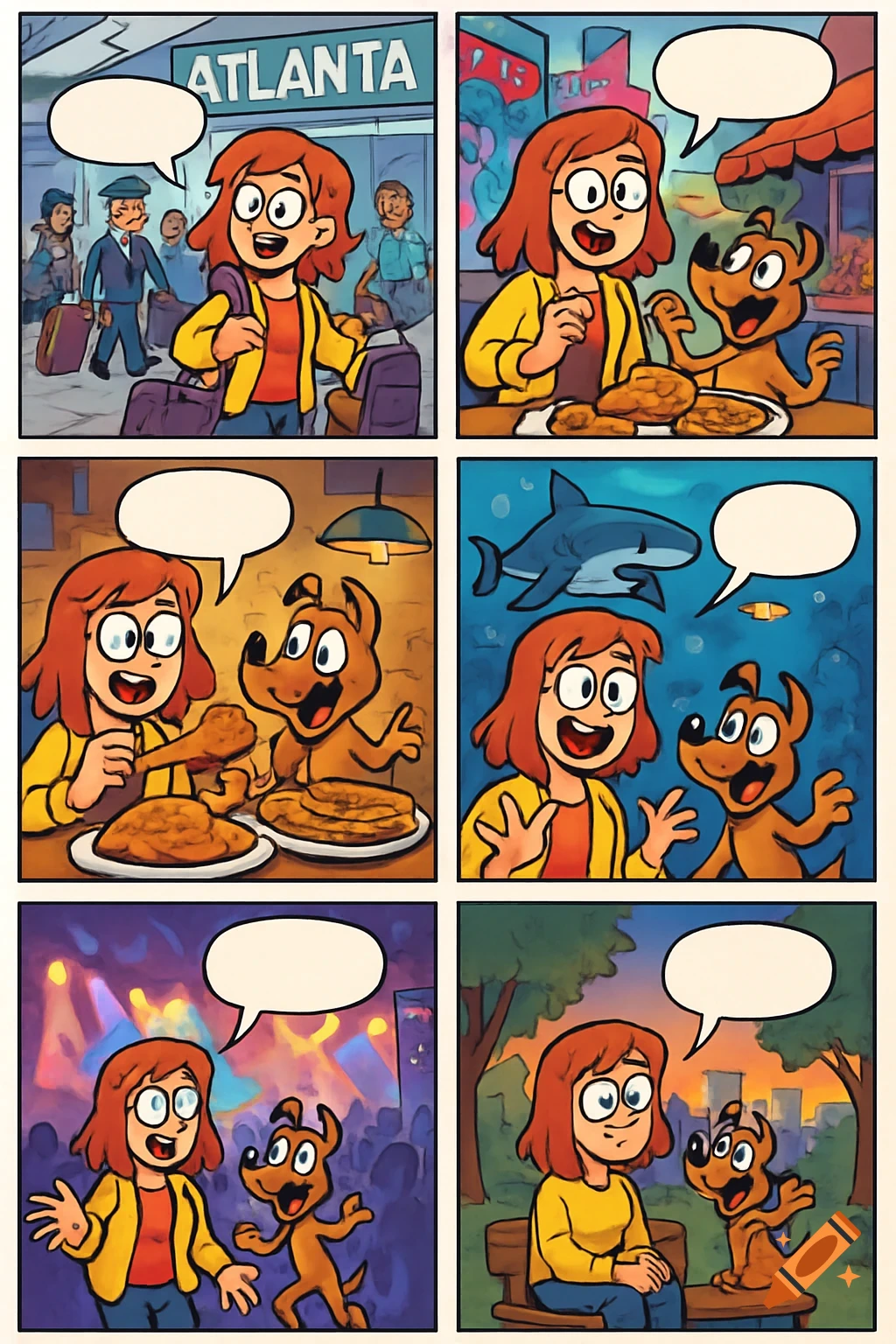 A six-panel cartoon comic strip showing a red-haired girl and a brown dog traveling, eating, swimming with a shark, dancing at a concert, and relaxing in a park.