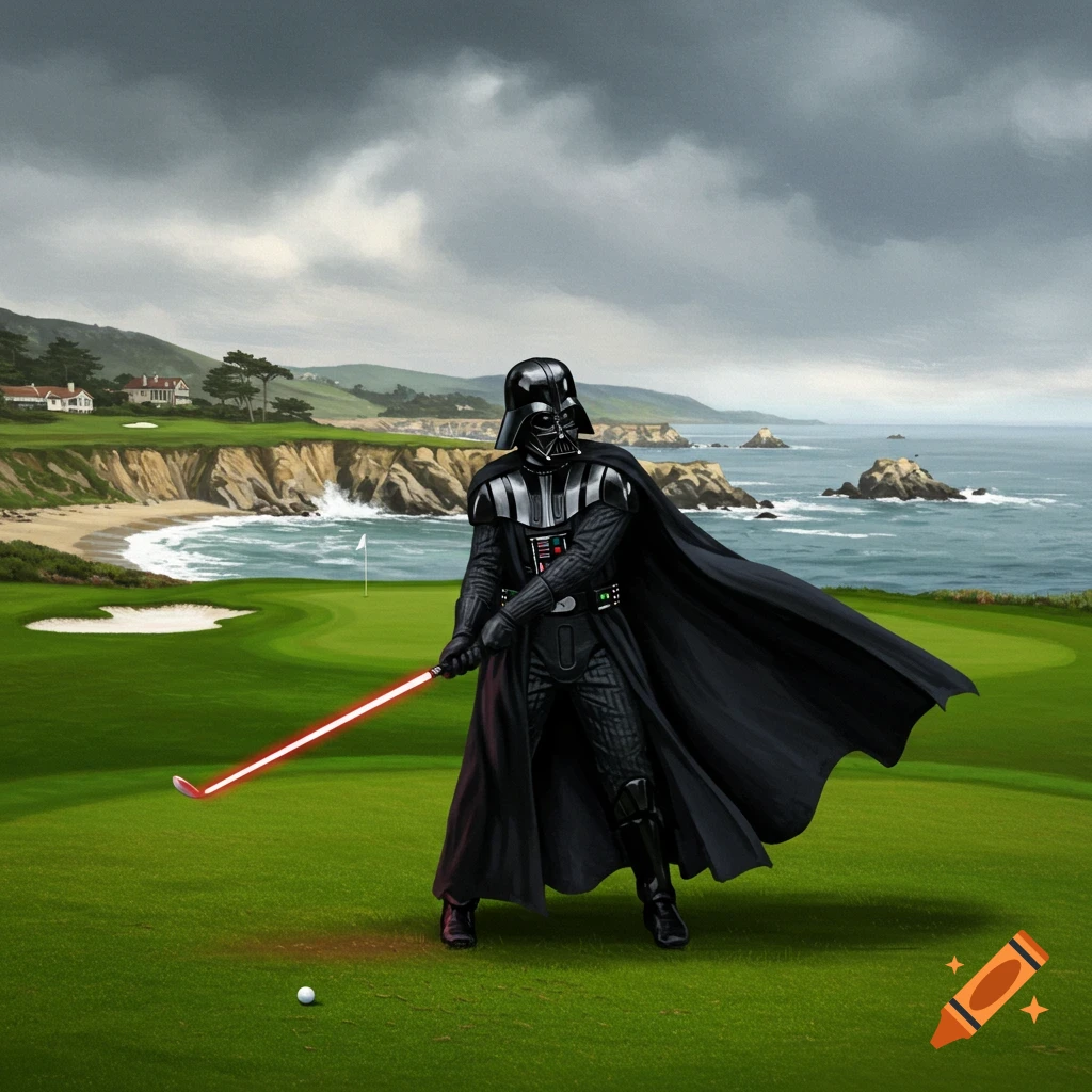 Darth Vader on a coastal golf course, hitting a golf ball with a red lightsaber-golf club in an illustrative style.