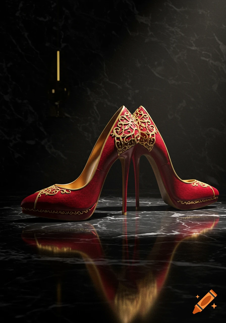 Two luxurious red high heels with gold filigree stand on a reflective black marble surface, captured in a dramatic, photorealistic style.