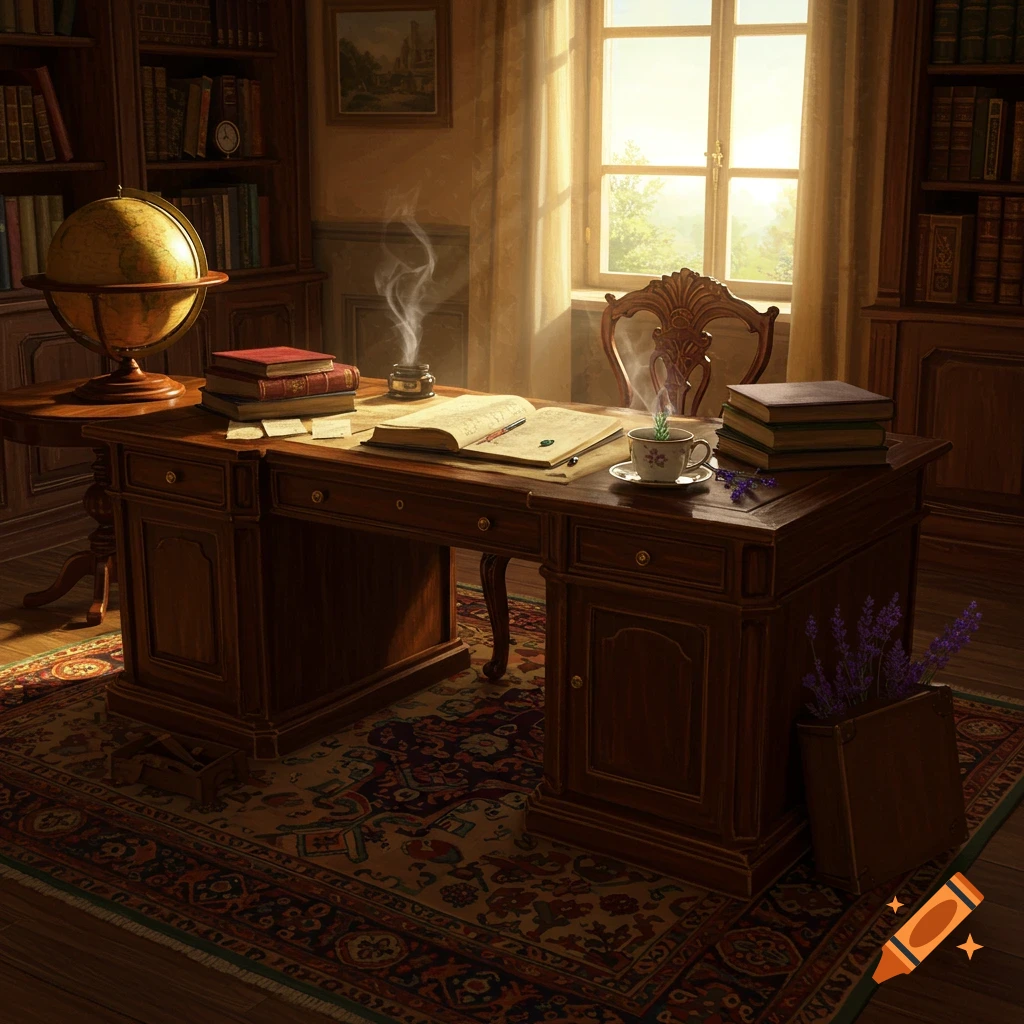 A sunlit, vintage study with a wooden desk, open journal, books, globe, and bookcases. Realistic style.