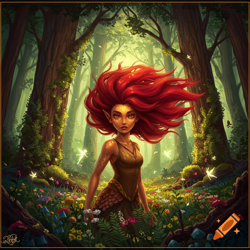 A red-haired fantasy elf with pointed ears stands in a magical forest filled with wildflowers and glowing sprites, digital art.