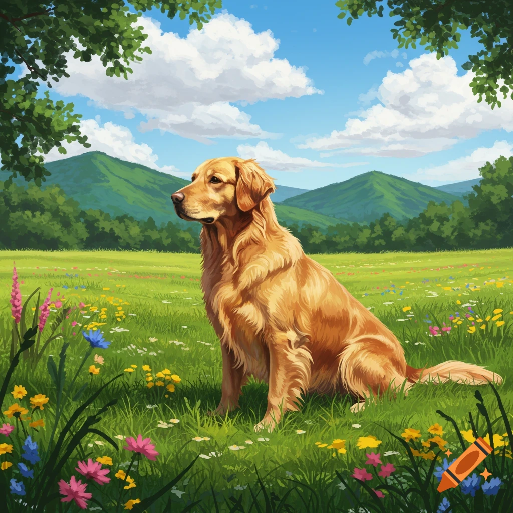 A golden retriever dog sits in a vibrant field of wildflowers, with trees and mountains in the background under a blue sky, in a digital illustration.