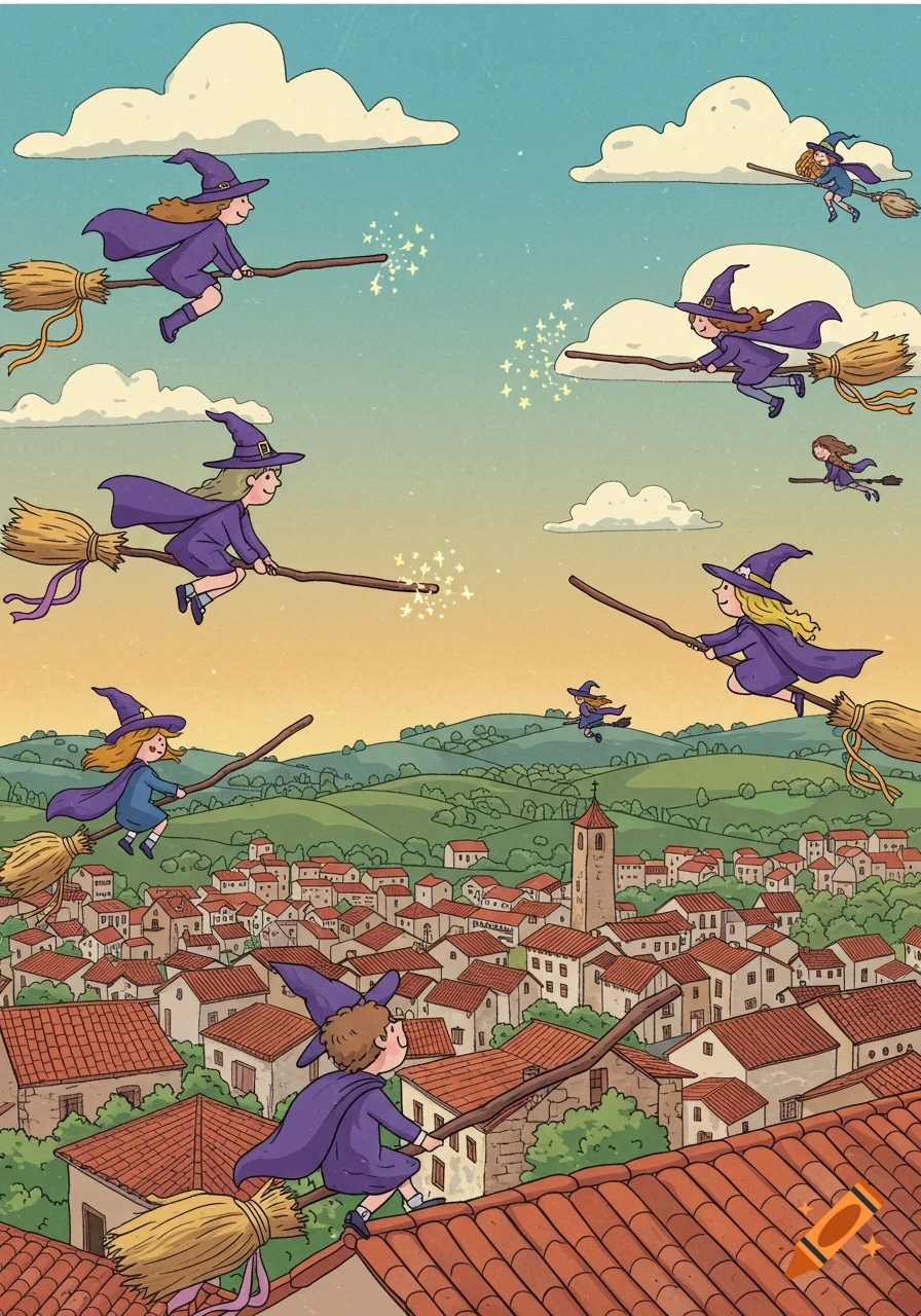 Cartoon illustration of young witches and wizards flying on brooms above a quaint European village with red-tiled roofs and green hills.