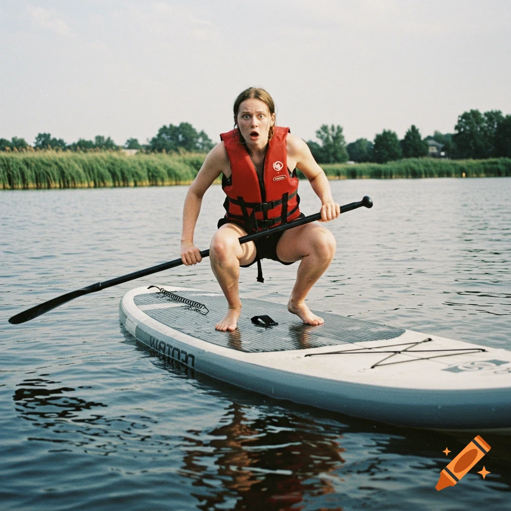 Woman in red lifejacket squats on a paddleboard on a lake, looking anxious.