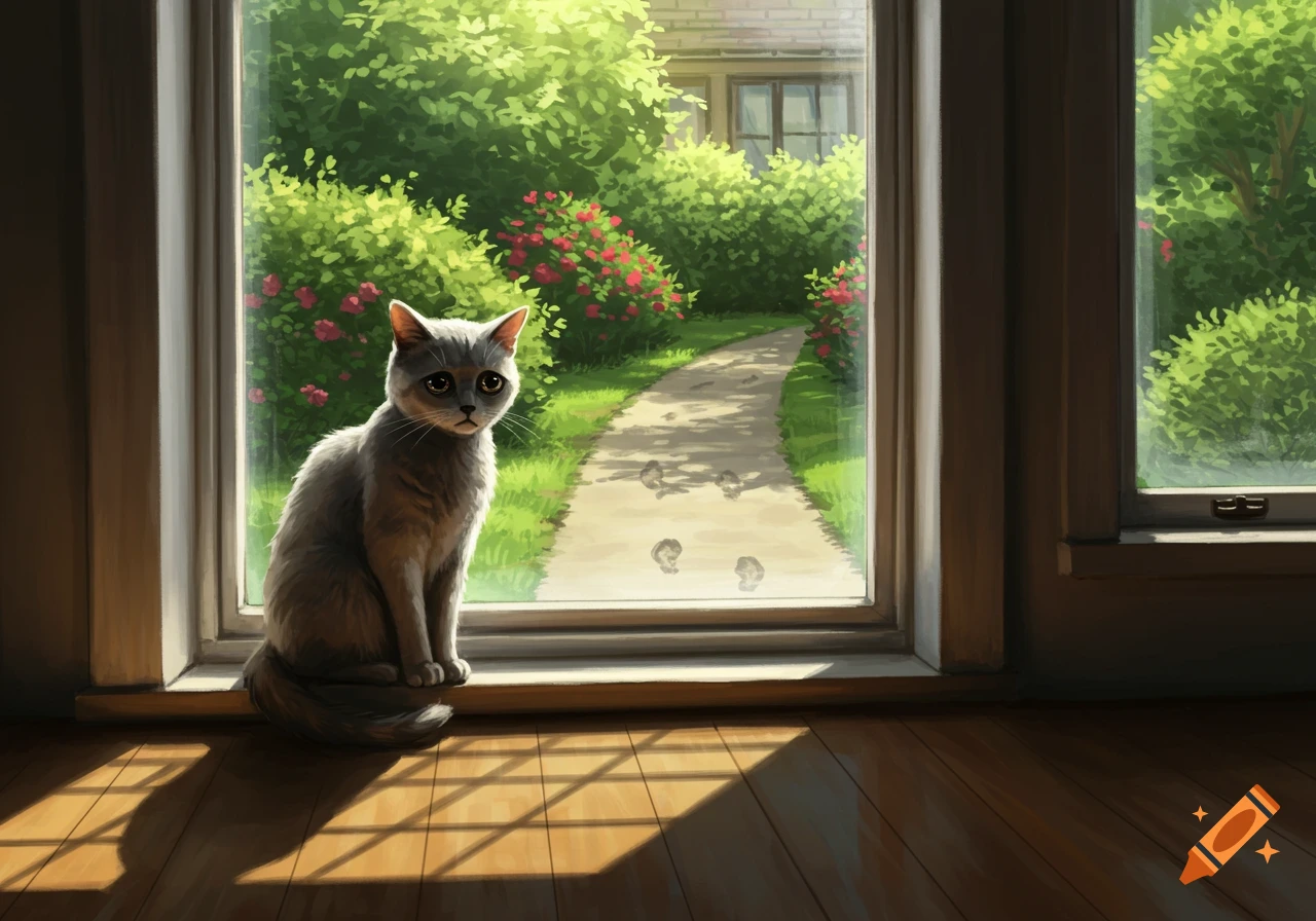 A sad gray cat sits on a windowsill, looking out at a sunny garden path with indistinct footprints leading away.