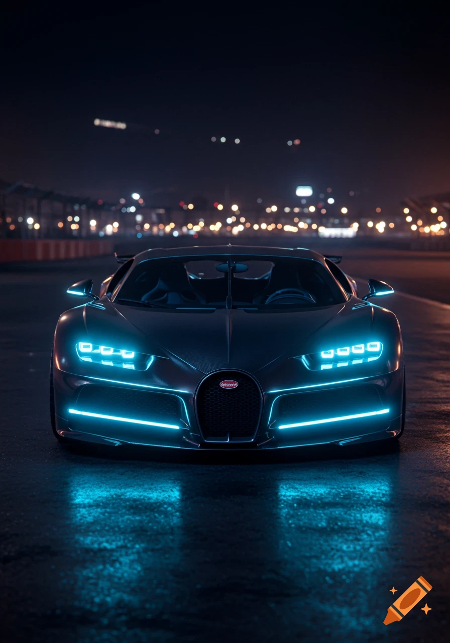 A dark luxury sports car with bright blue LED lights sits on a wet road at night, with blurred city lights in the background.