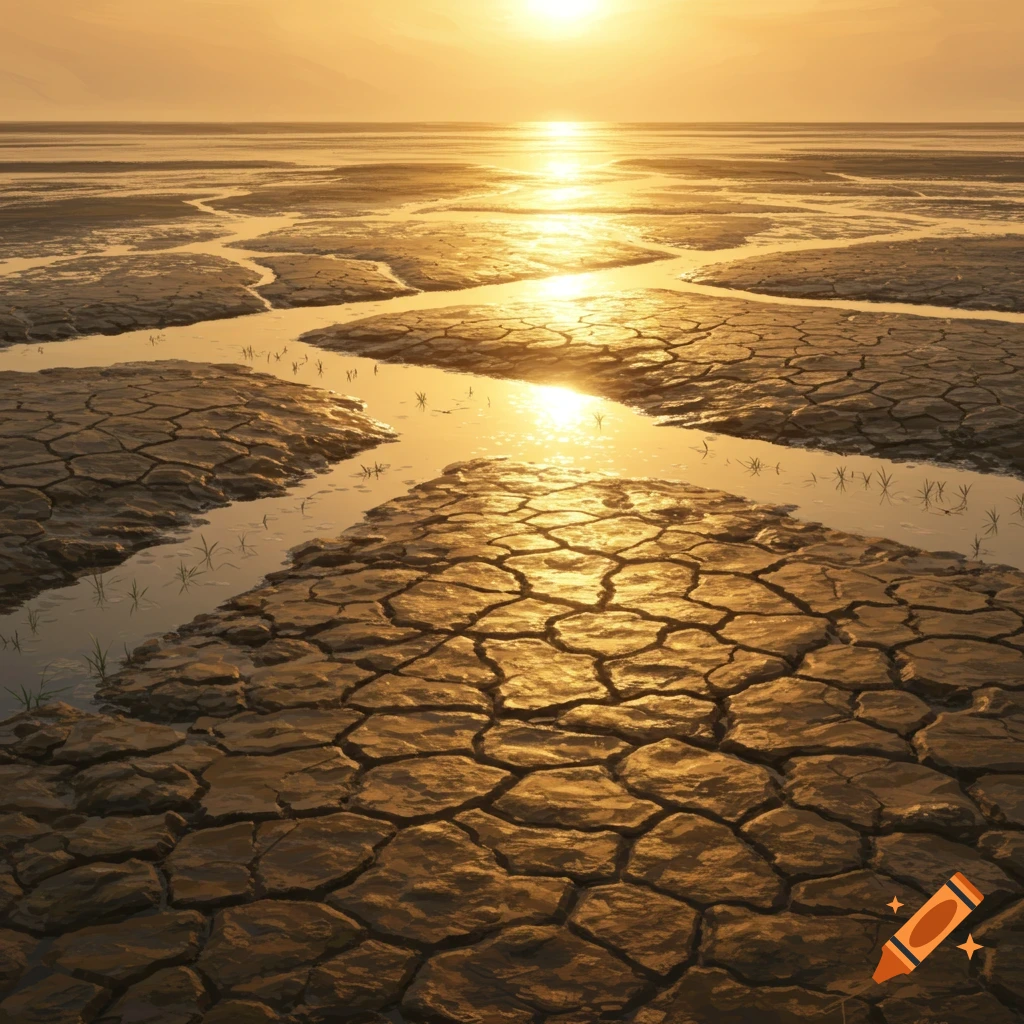 Cracked mud flats with shallow water reflecting a golden sunset over a vast horizon, photorealistic.