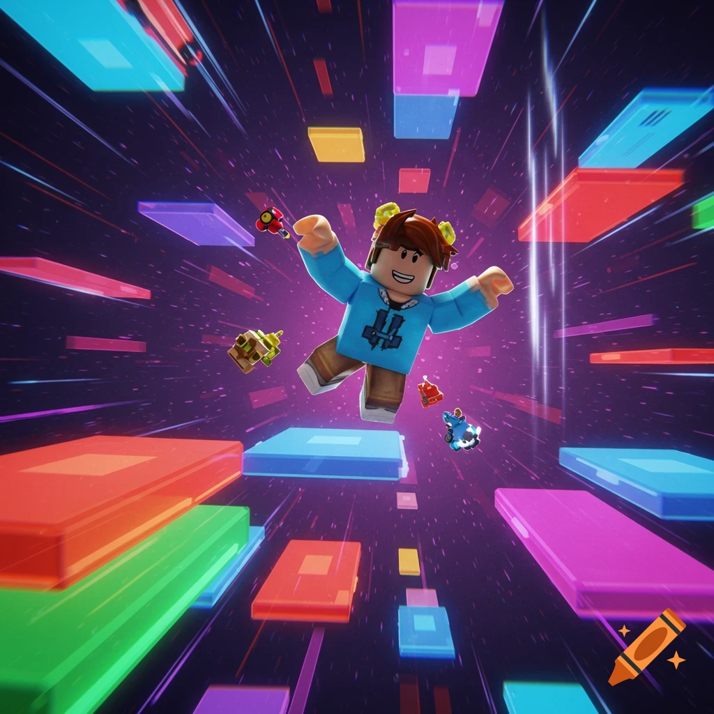 A Roblox-style character with a blue shirt floats through a vibrant, abstract space filled with colorful geometric platforms.