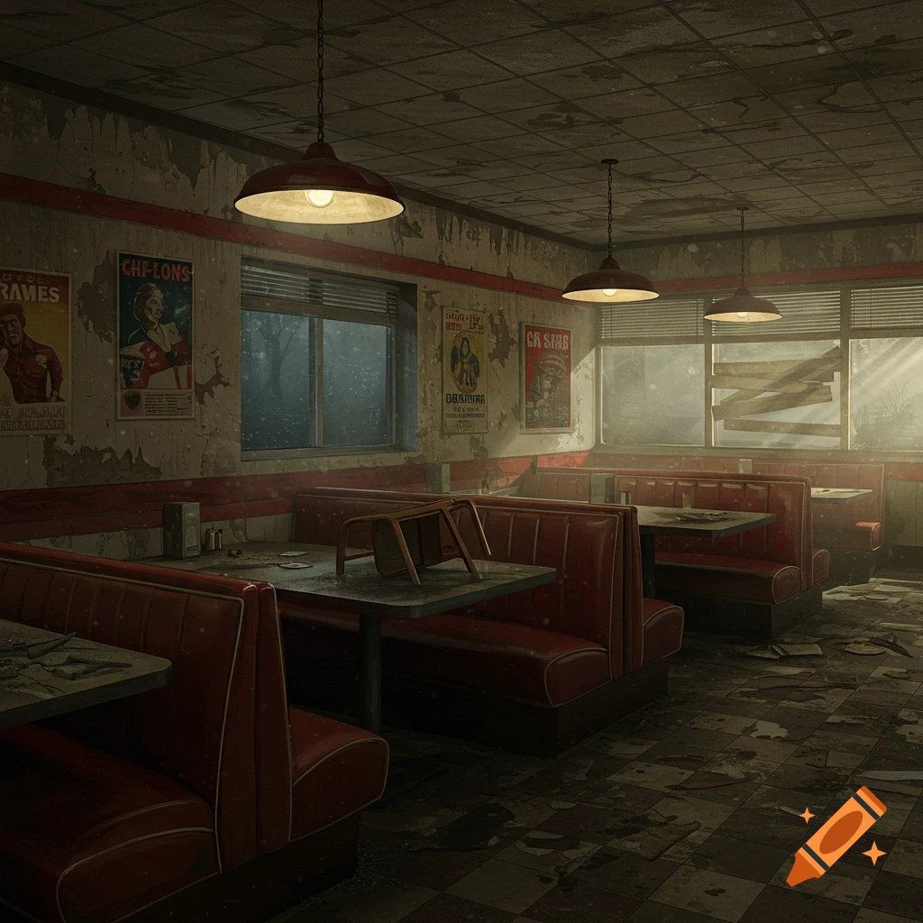 Abandoned diner interior with red booths, broken tables, debris on the floor, and sunlight streaming through a boarded-up window.