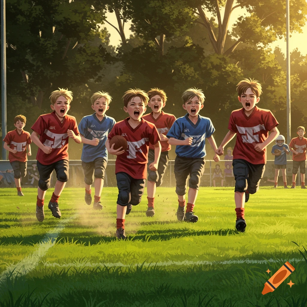Group of young boys in red and blue jerseys running on a grass football field in an illustrative style.