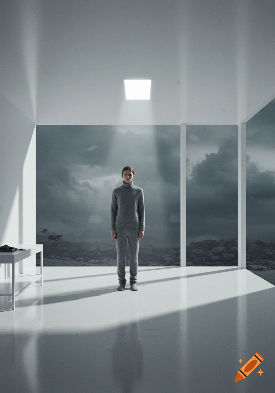 A person in a gray turtleneck and pants stands in a stark white room with a stormy, rocky landscape visible through large windows.
