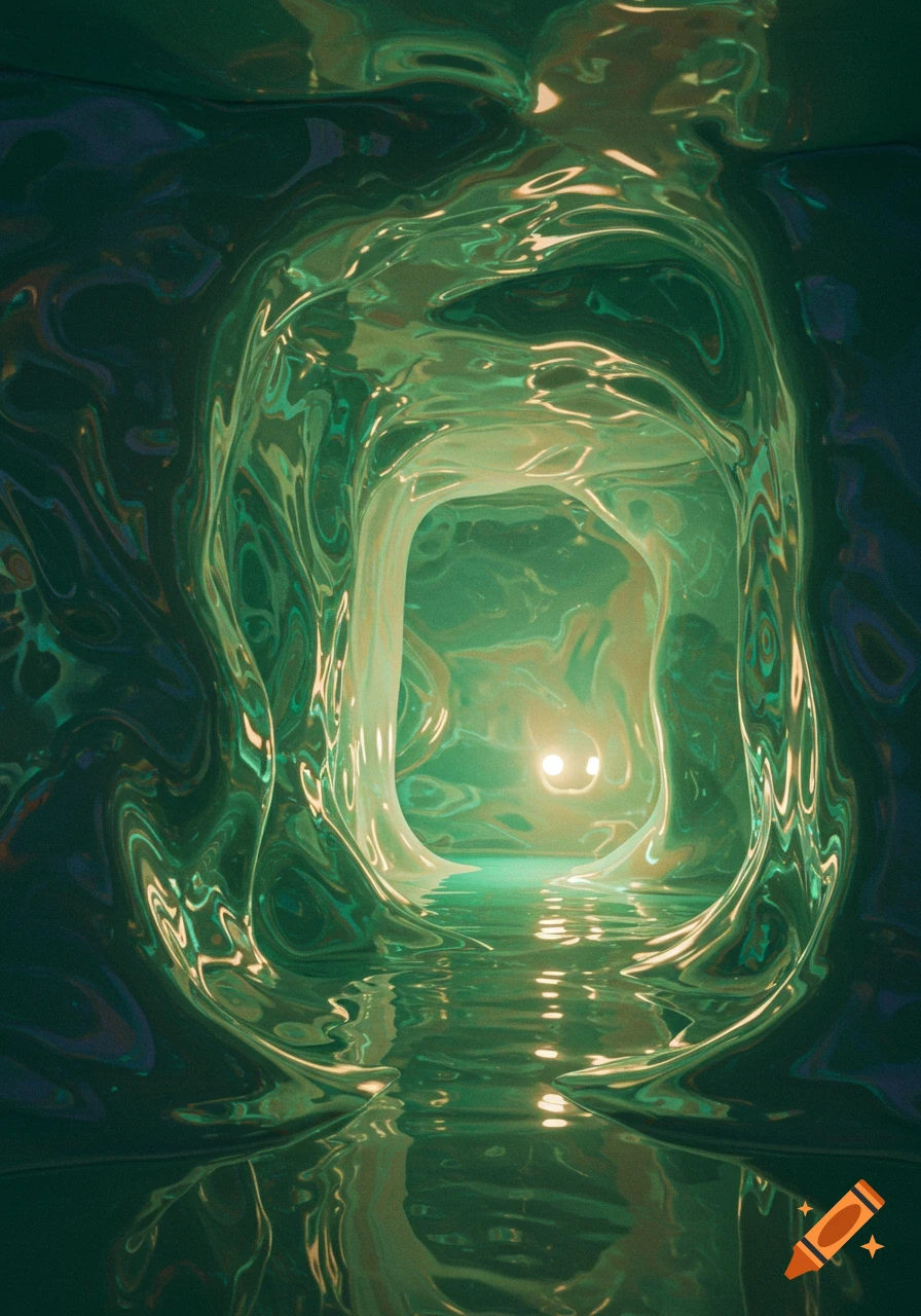 A vibrant green, reflective, goo-like tunnel with a glowing entity at the end, creating a surreal liminal space.