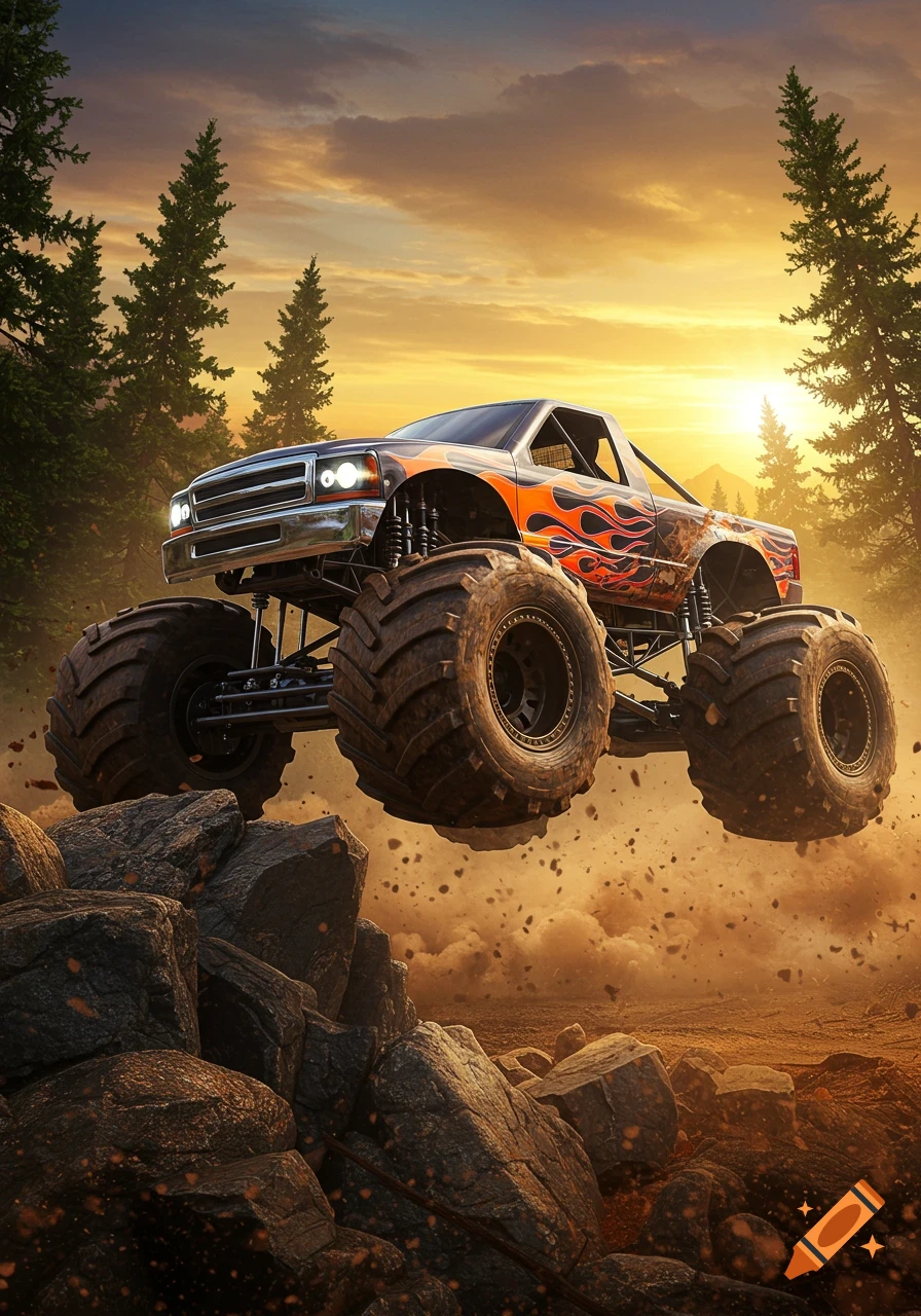 A monster truck with orange flames on its side jumps over rocks on a dirt track, silhouetted against a sunset sky with pine trees.