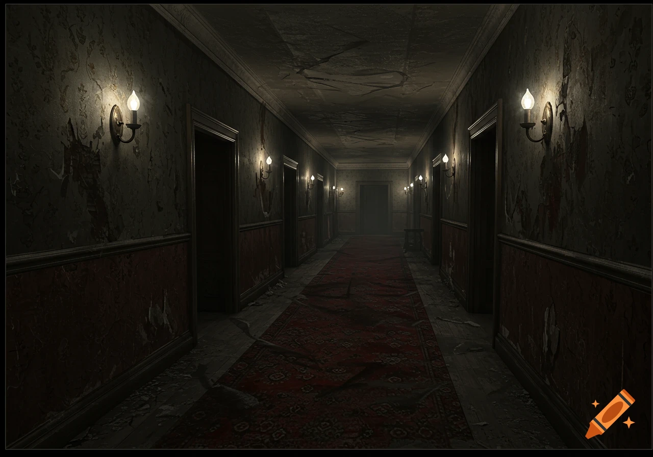 A dark, eerie hotel hallway with peeling wallpaper, cracked ceiling, a worn red carpet, and flickering wall sconces.
