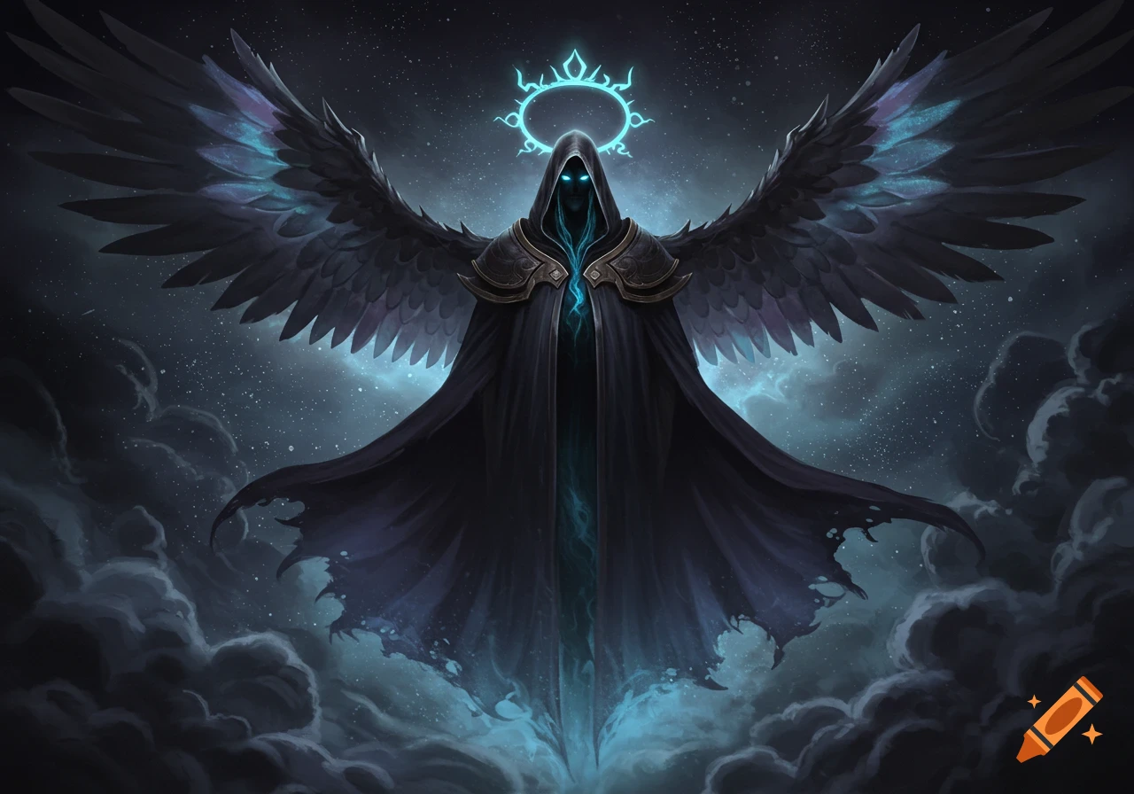 A dark winged figure with glowing blue eyes and a halo, wearing a black cloak, stands amidst clouds under a starry sky in a dark fantasy art style.