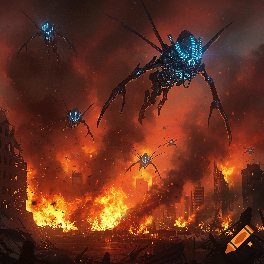 A swarm of glowing biomechanical aliens flies over a dystopian city engulfed in fire and smoke.
