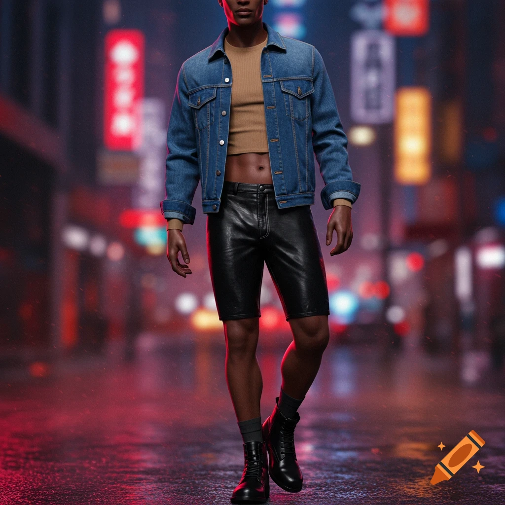 A man in a denim jacket, crop top, leather shorts, and boots walks down a wet city street at night with neon lights. Photorealistic.