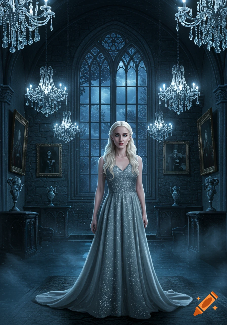 A blonde woman in a sparkling gown stands in a dark, ornate gothic hall with chandeliers and large windows. Digital art.