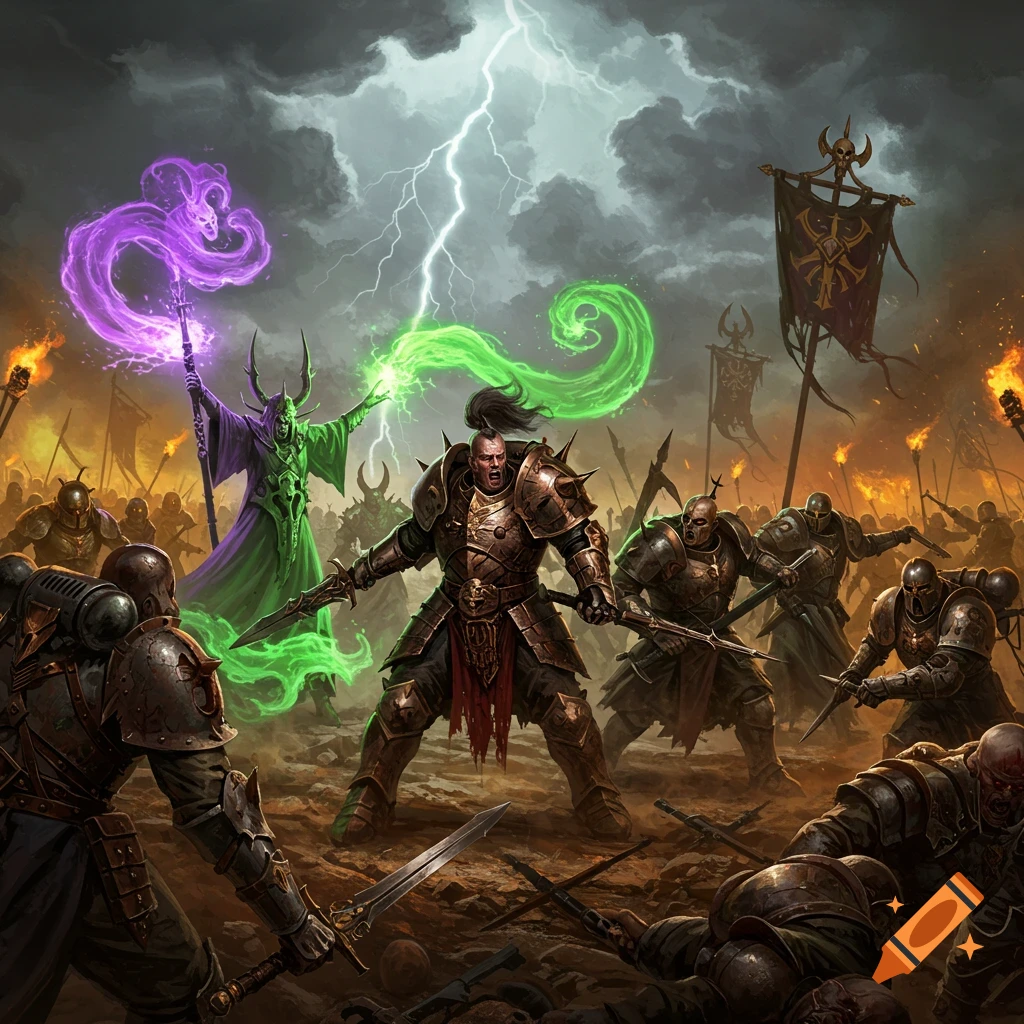 Detailed fantasy art of armored warriors battling on a stormy field with lightning, one casting purple and green magic.