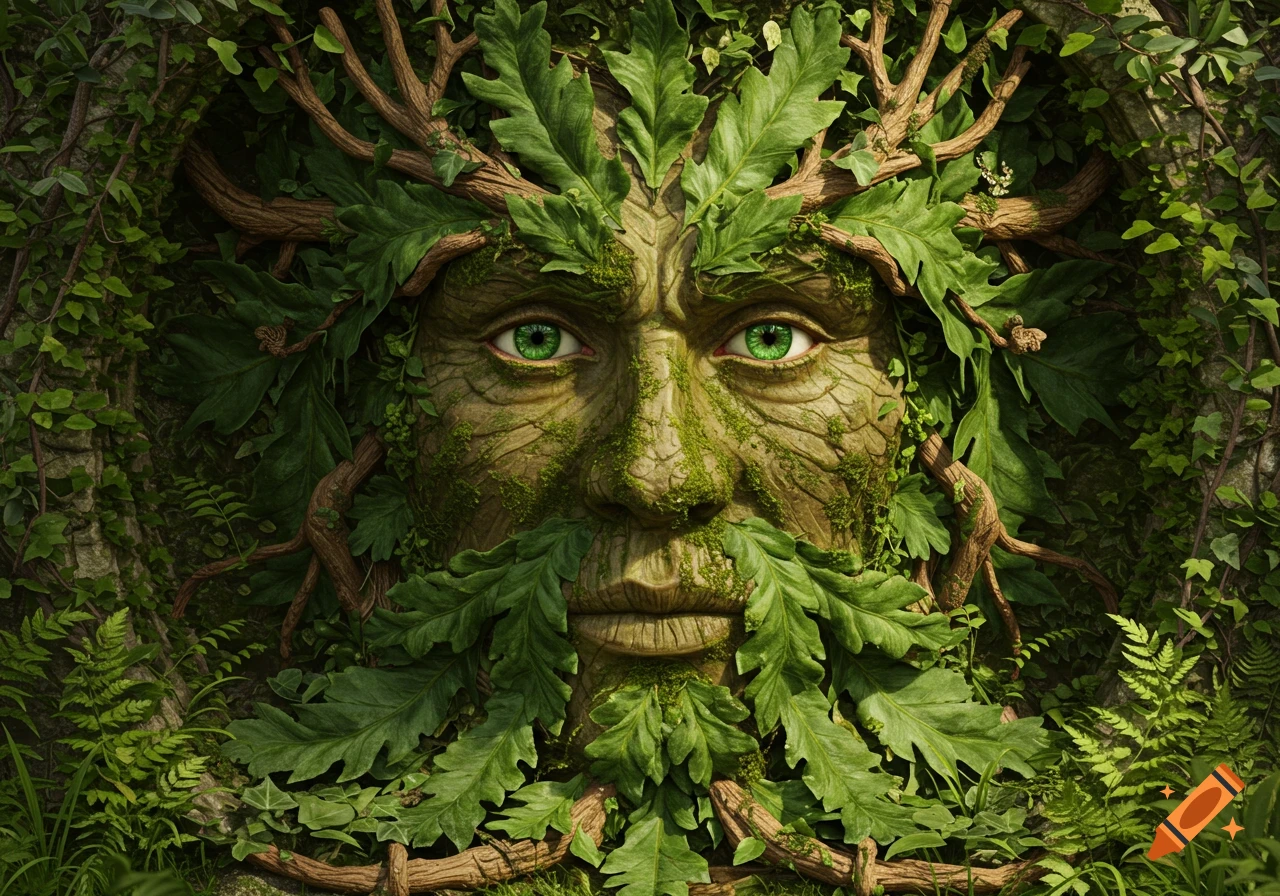 A detailed, photorealistic depiction of the Green Man's face, formed from green leaves and woody branches, with bright green eyes.