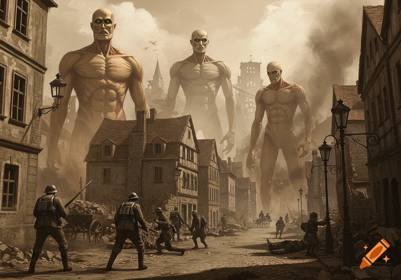Giant, skinless titans loom over a devastated city street as soldiers on the ground fight. Digital painting.