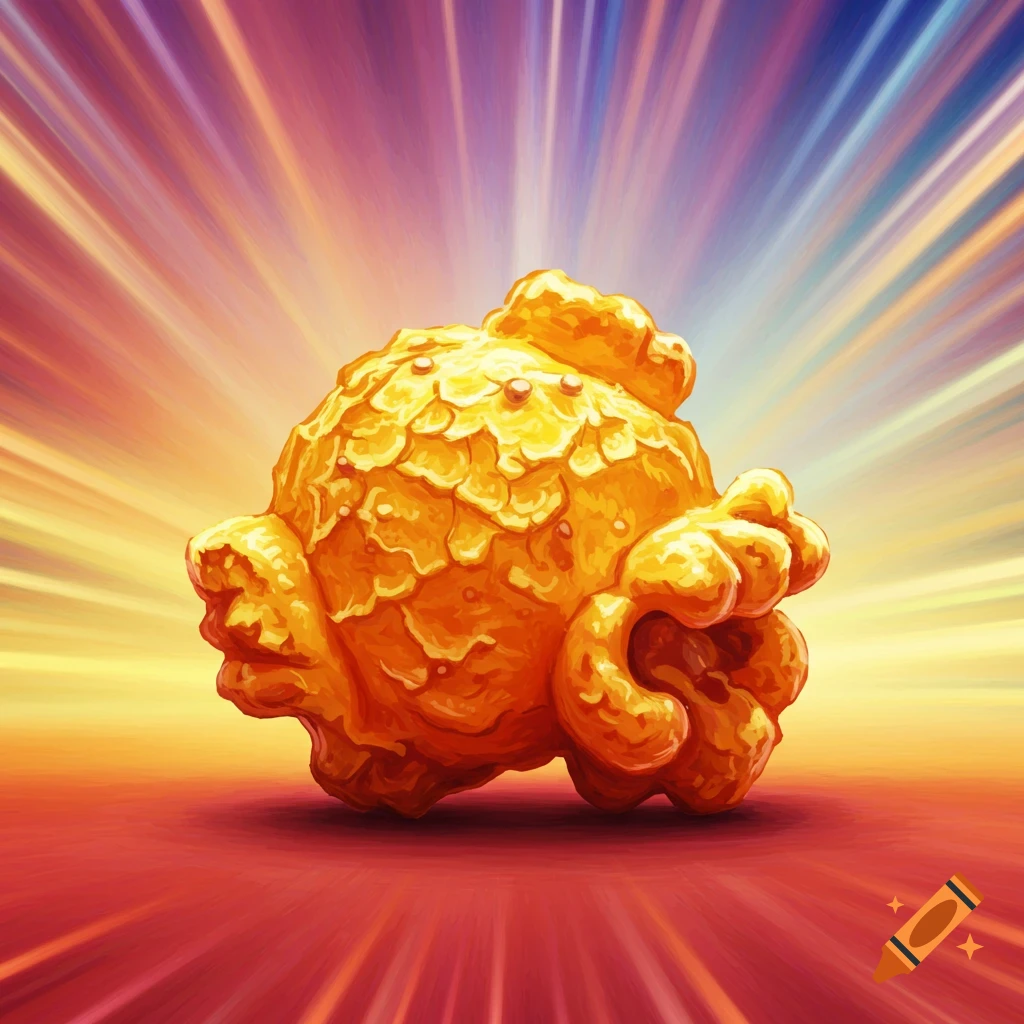 A single golden piece of buttered popcorn is centered against a vibrant, radiating abstract background.