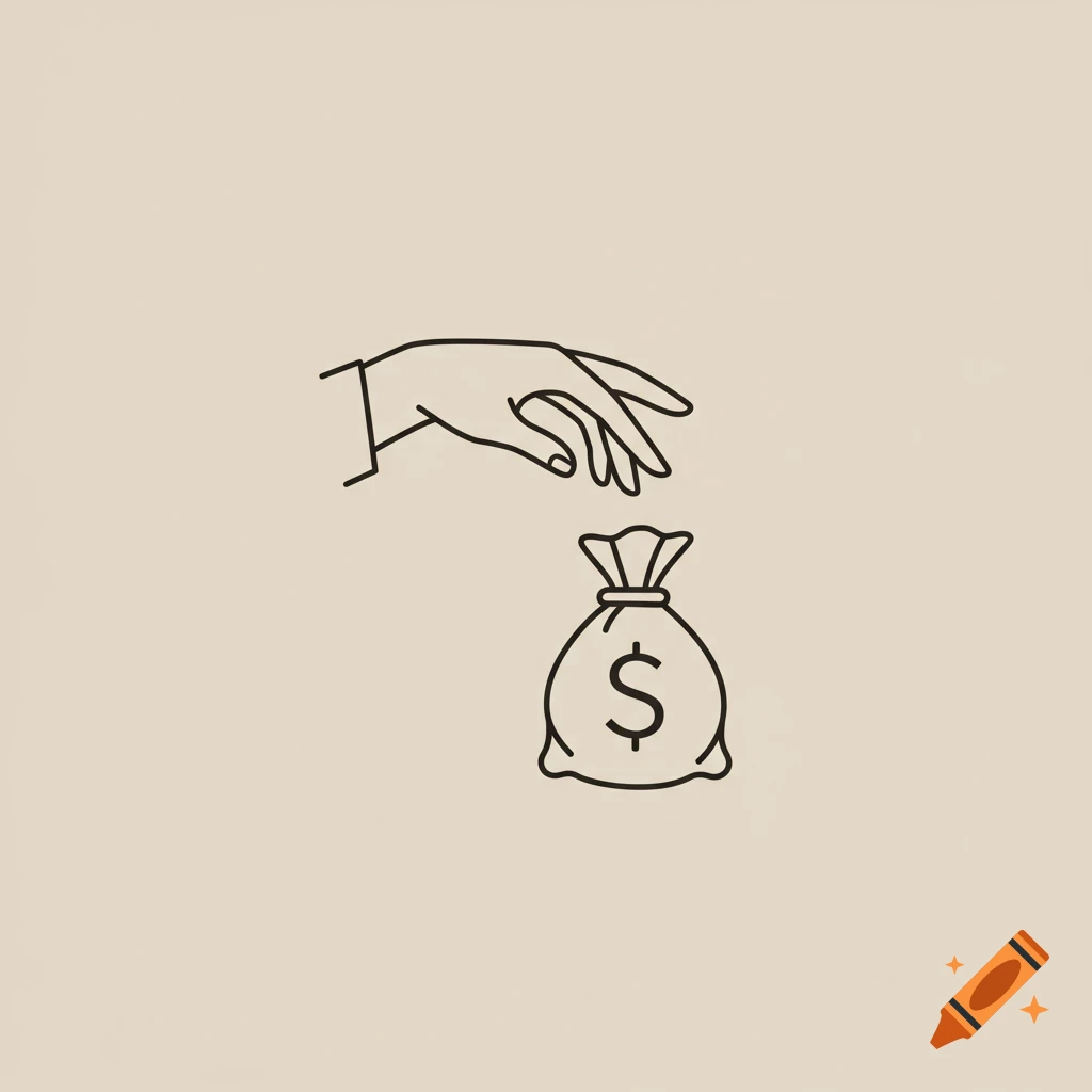 A minimalist line art icon of a hand reaching towards a money bag with a dollar sign on it.