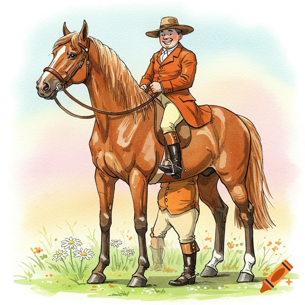 Watercolor illustration of a horse seemingly riding a man, with another man in hunting attire on its back, in a grassy field.