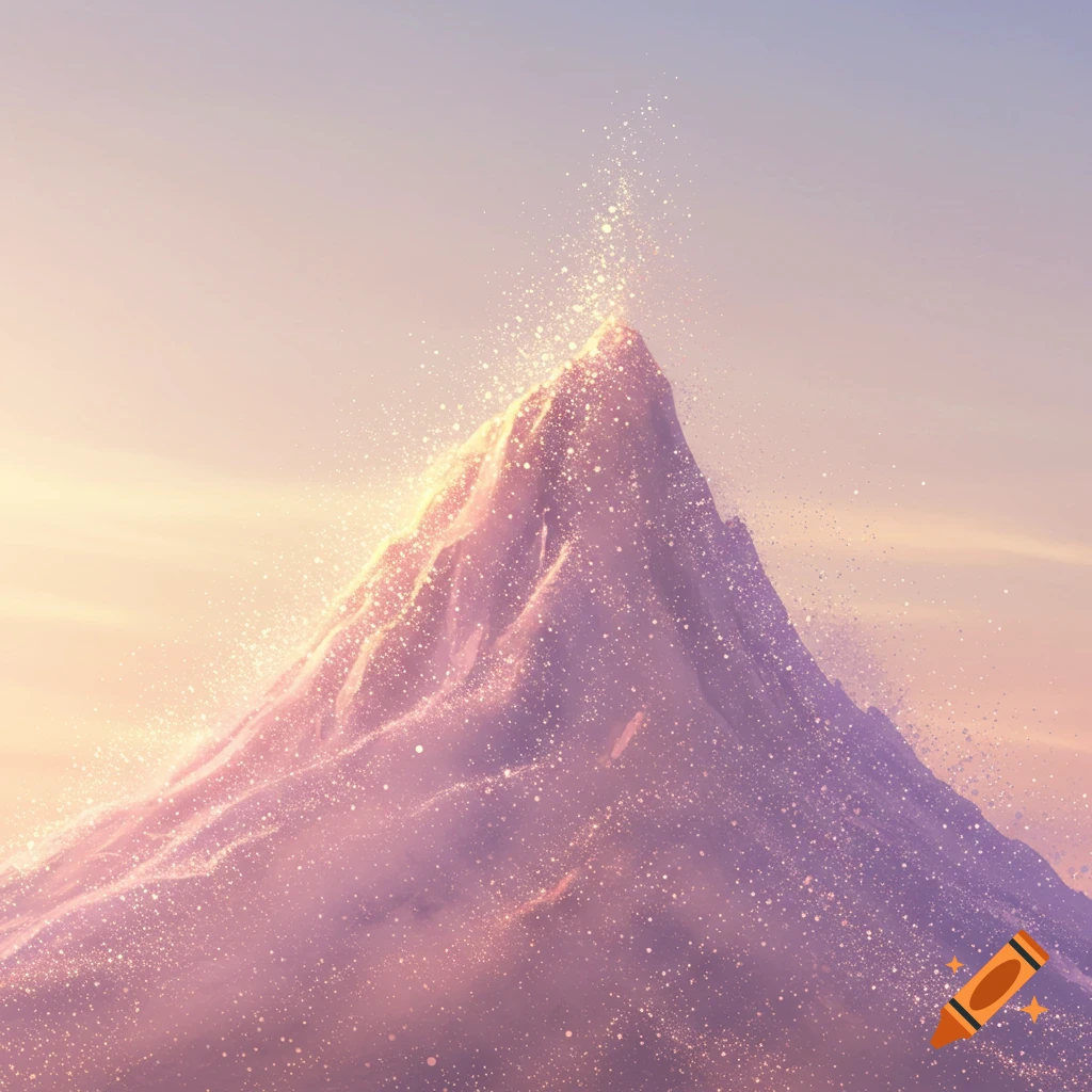 A semi-realistic digital art illustration of a majestic mountain formed by sparkling dust particles, with soft glowing light and pastel colors.