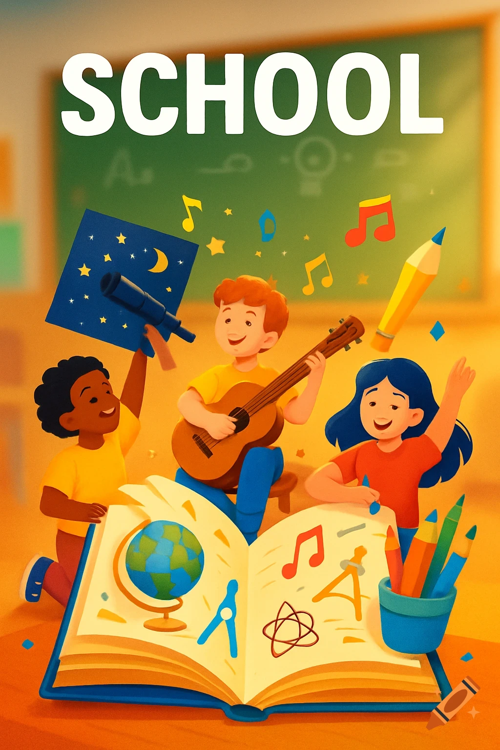 Cartoon illustration of diverse children learning, with an open book, globe, musical instruments, and a telescope, with 'SCHOOL' at the top.