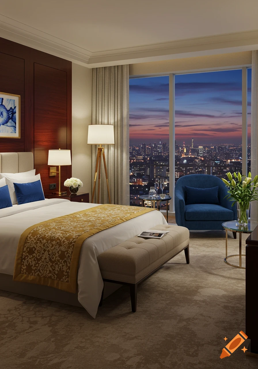 Luxurious hotel room with a large bed, blue armchair, and a window overlooking a city skyline at sunset. Photorealistic style.