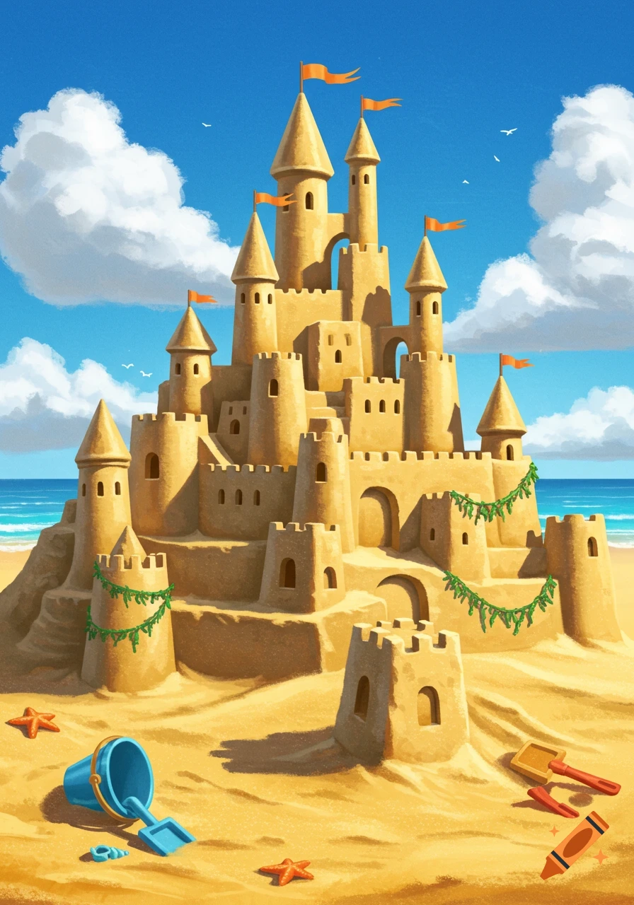 A large, detailed sandcastle on a sunny beach, with a blue bucket and shovel, and orange starfish in the sand. Cartoon style.
