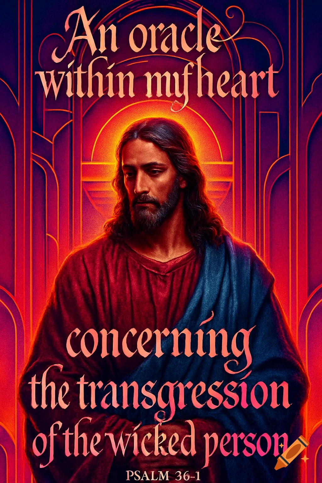 An image of Jesus Christ with long brown hair and beard, wearing red and blue robes, against an illuminated red and purple art deco background. Text from Psalm 36-1 is overlayed in an elegant font.