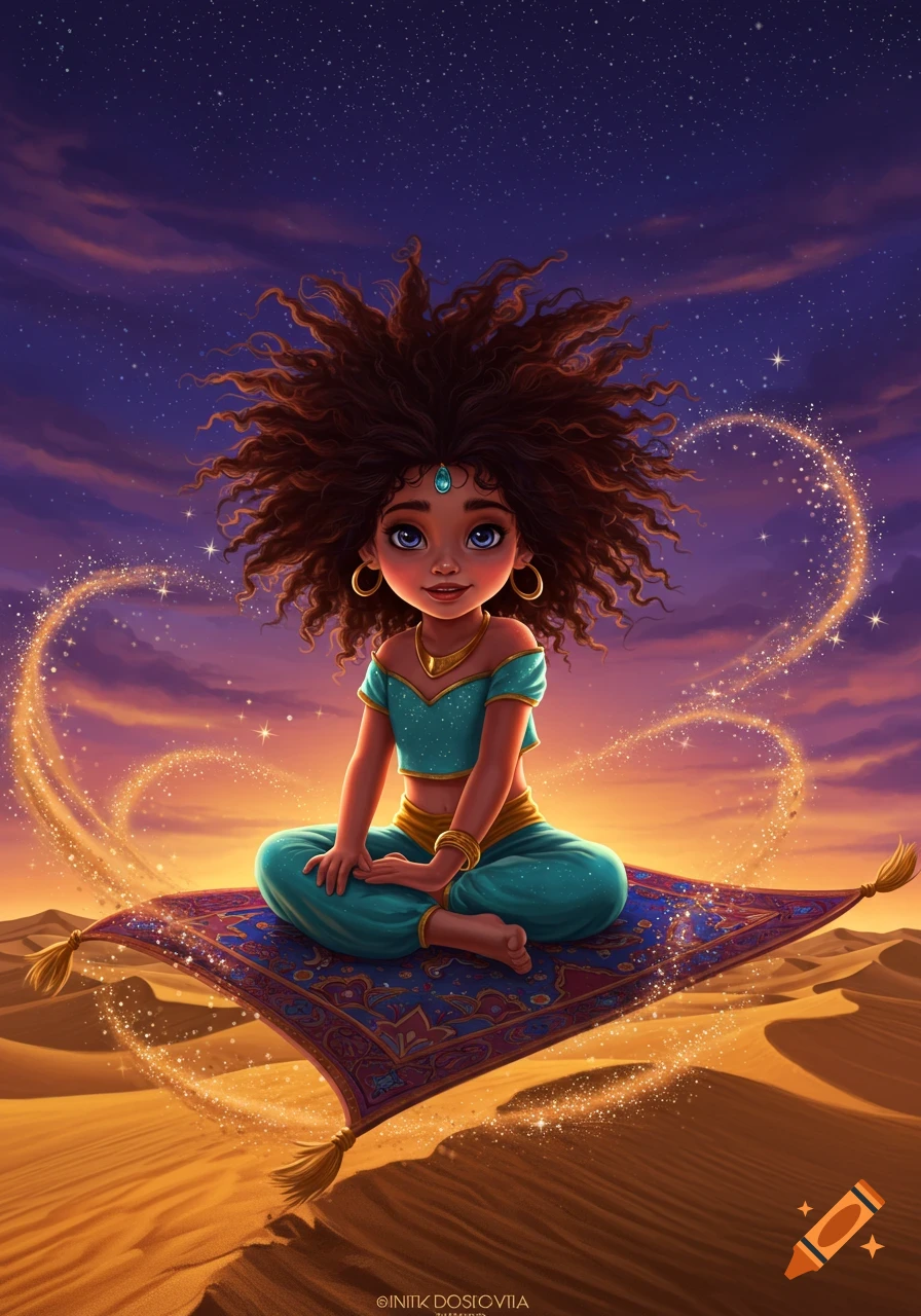 Cute cartoon girl with curly hair on a flying magic carpet over a desert at sunset, with golden sparkles.