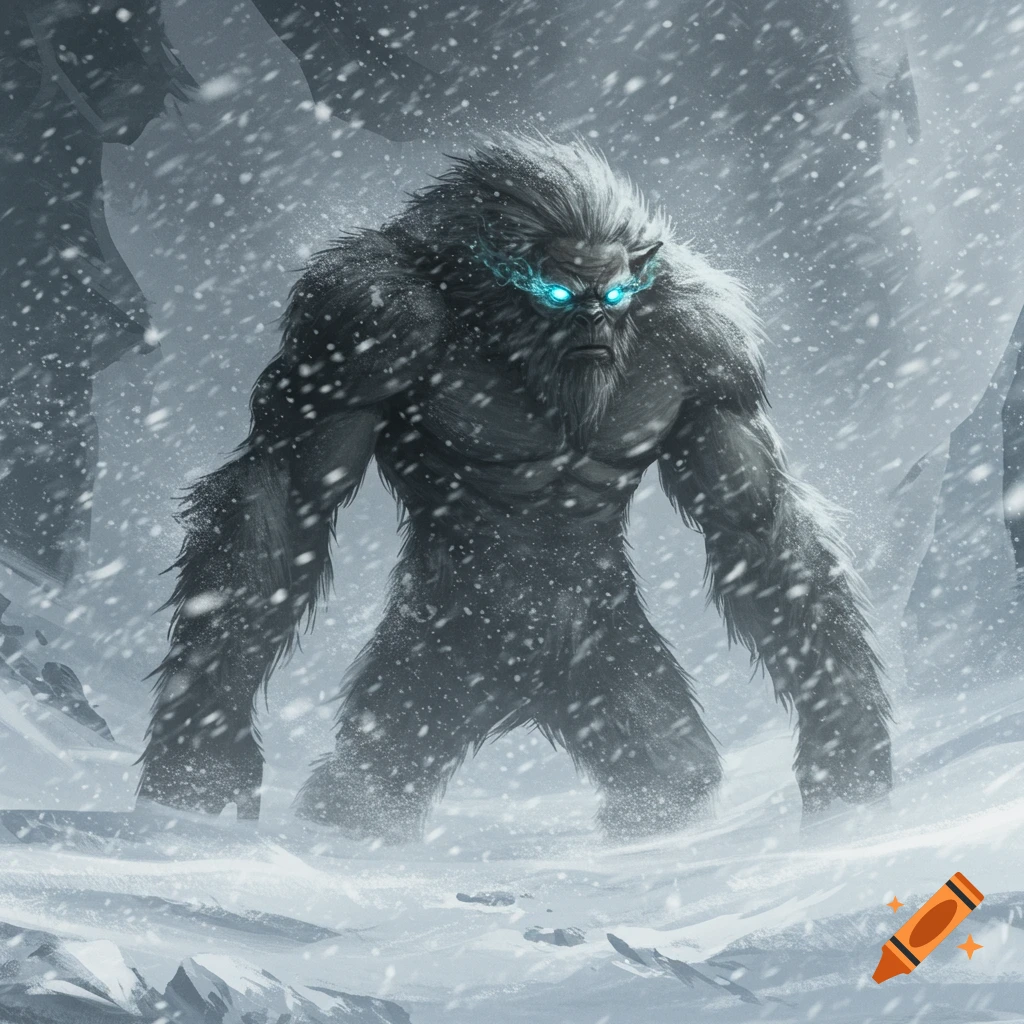 A large, furry, grey creature with glowing blue eyes stands in a snowy blizzard, depicted in a fantasy art style.