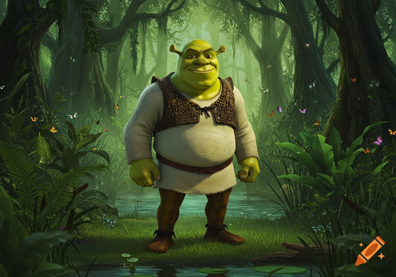 Shrek, the green ogre, stands smiling in a vibrant, lush swamp forest with butterflies.