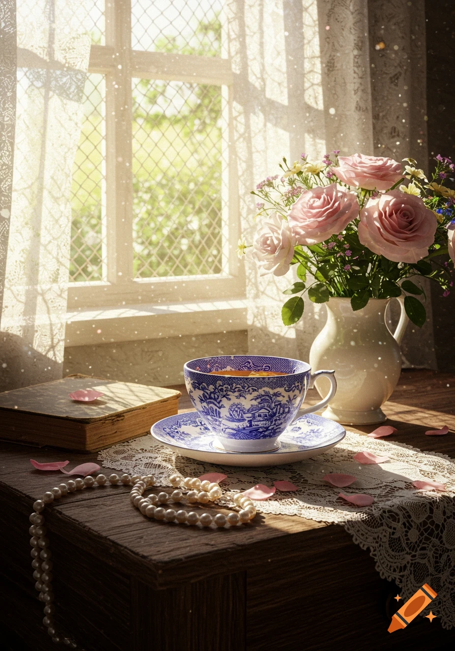 A photorealistic still life featuring a blue-and-white teacup and pink roses on a wooden table by a sunlit window with lace curtains, scattered petals and pearls.