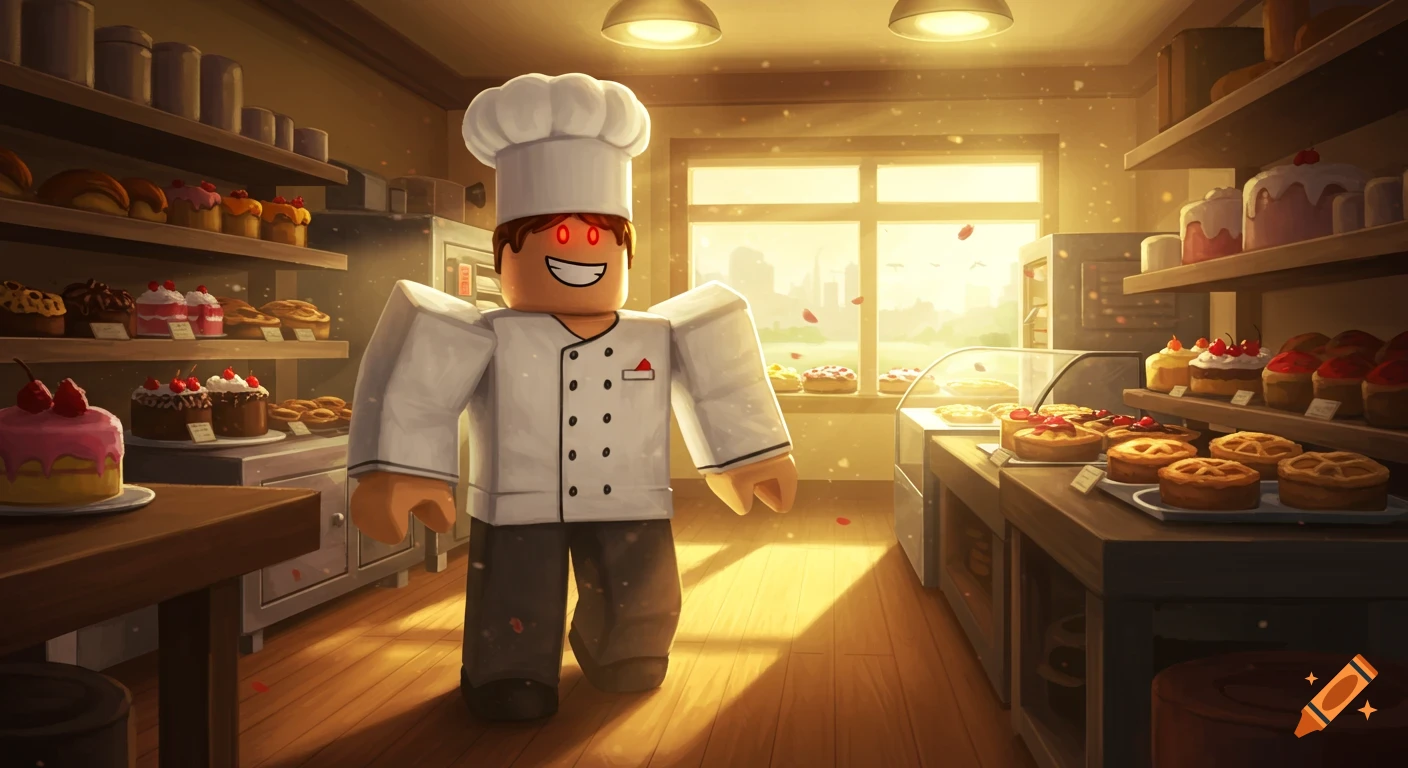 A Roblox-style chef with glowing red eyes stands in a warm, sunlit bakery filled with shelves of cakes and pastries.