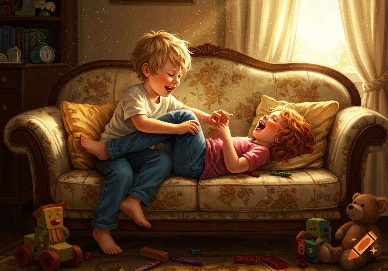 A boy tickles a giggling girl on a floral couch in a warm, sunlit room, with toys scattered on the floor.