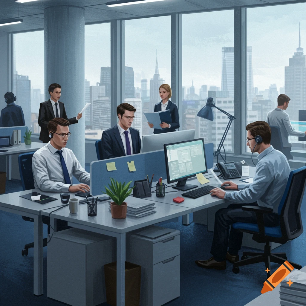 An illustrative painting of people working in a modern office with large windows overlooking a city skyline.
