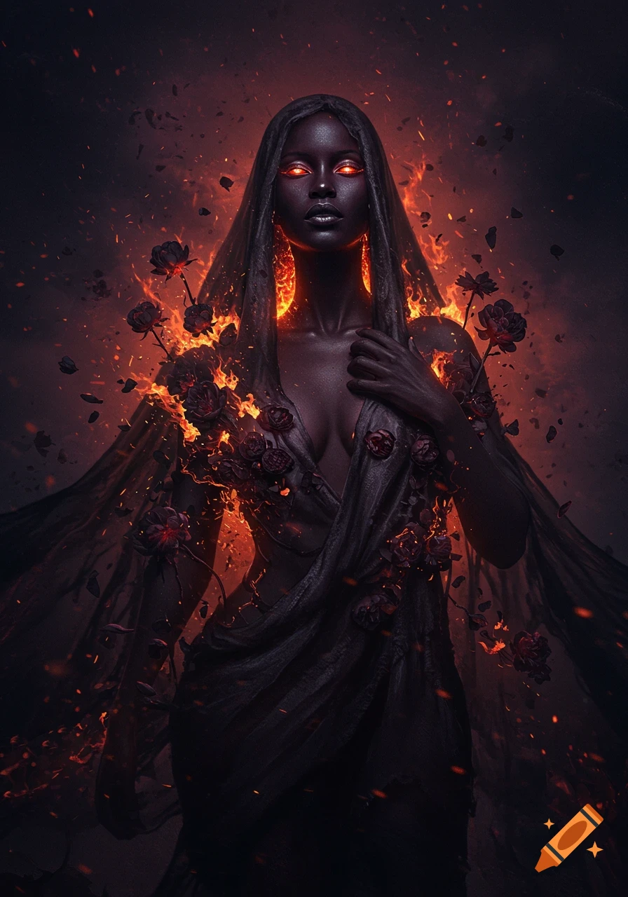 A dark-skinned goddess with glowing red eyes, draped in fiery black cloth, surrounded by flames and dark roses in a dramatic digital art piece.