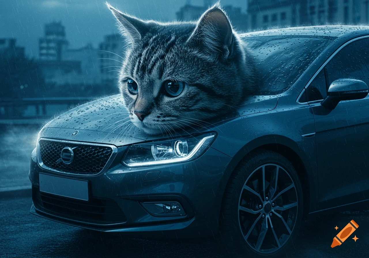 A large sad cat head emerges from the hood of a dark blue car in the rain at night.