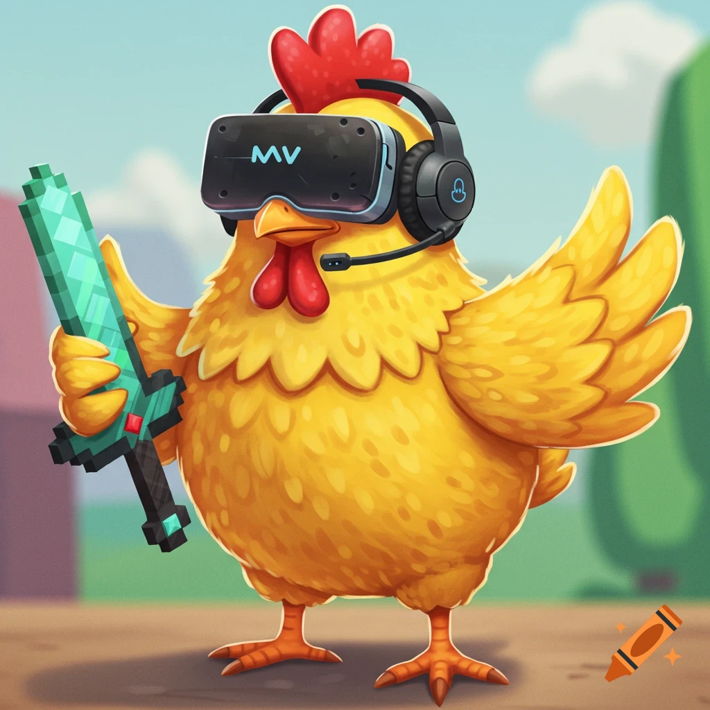 Cartoon chicken wearing a VR headset and gaming headphones, holding a pixelated sword.
