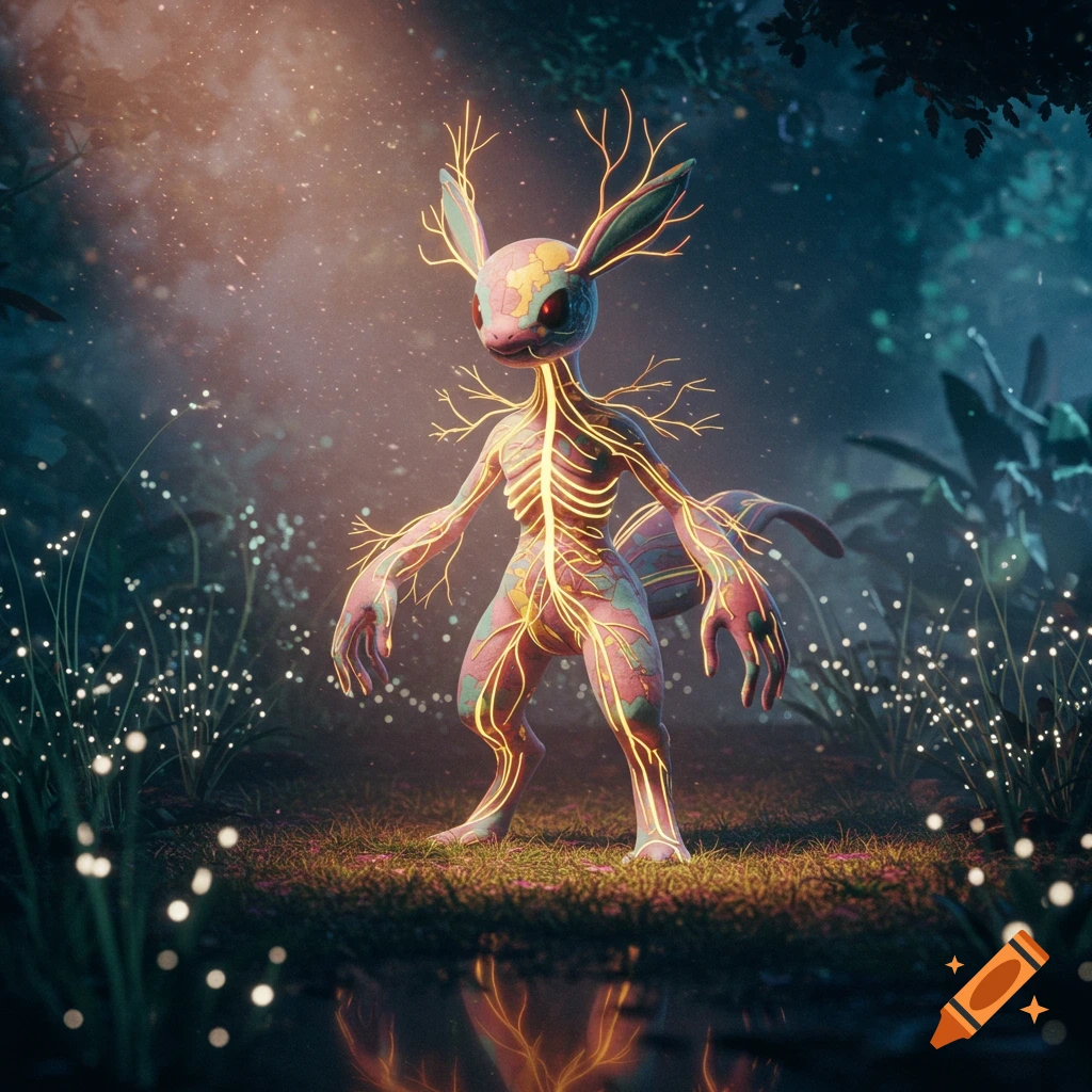 A rabbit-like Pokémon creature with glowing nerve patterns and branching antlers stands in a mystical forest with bioluminescent plants.