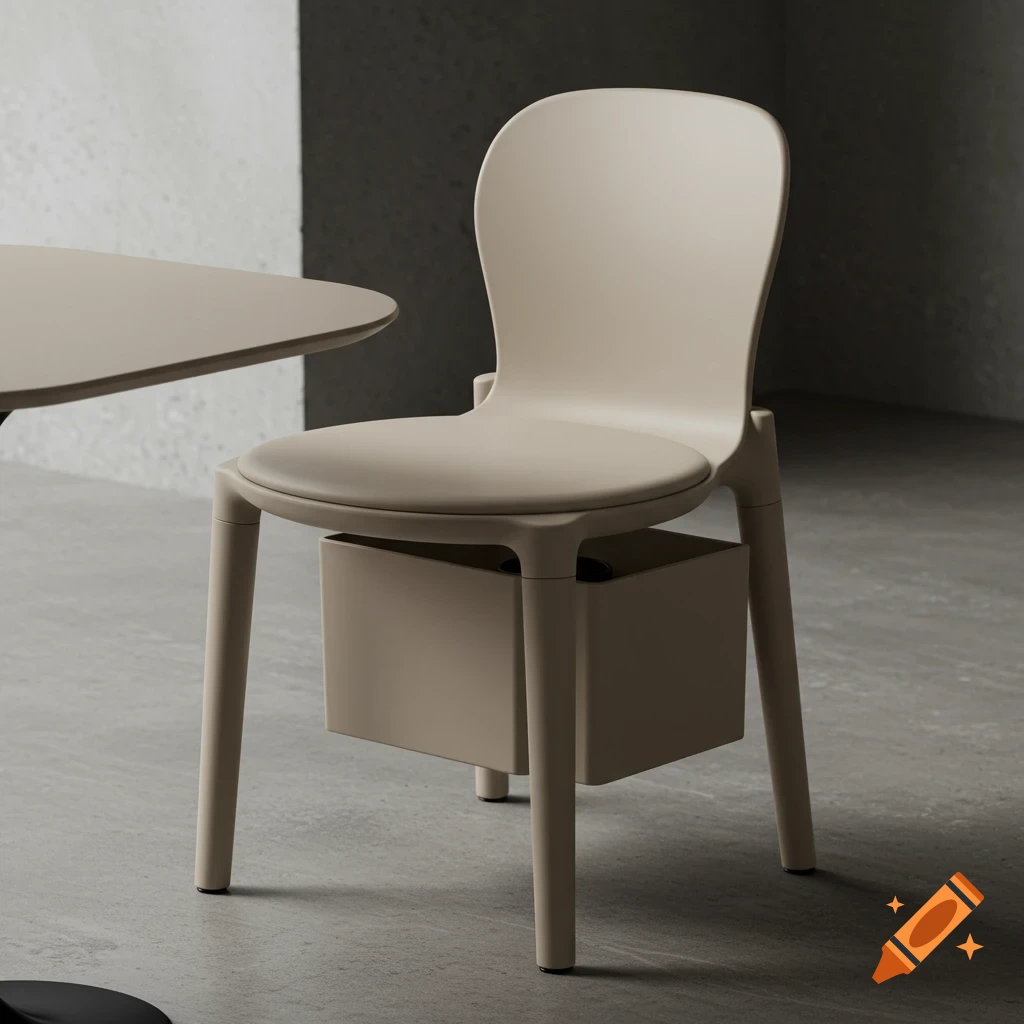 Photorealistic image of a modern beige chair with a storage box under its seat, next to a table in a minimalist room.