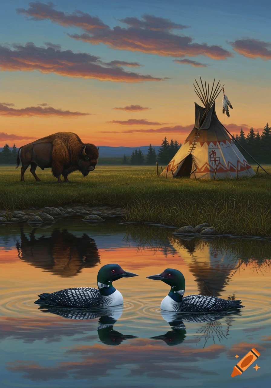 Two loons on water, a bison in a field, and a teepee under a colorful sunset sky in a painted Native American art style.