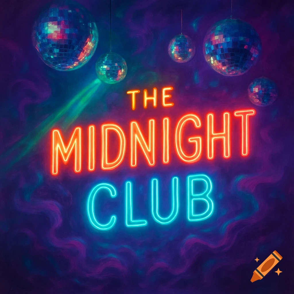 Neon sign reading 'The Midnight Club' with disco balls and green light rays on a hazy purple background.