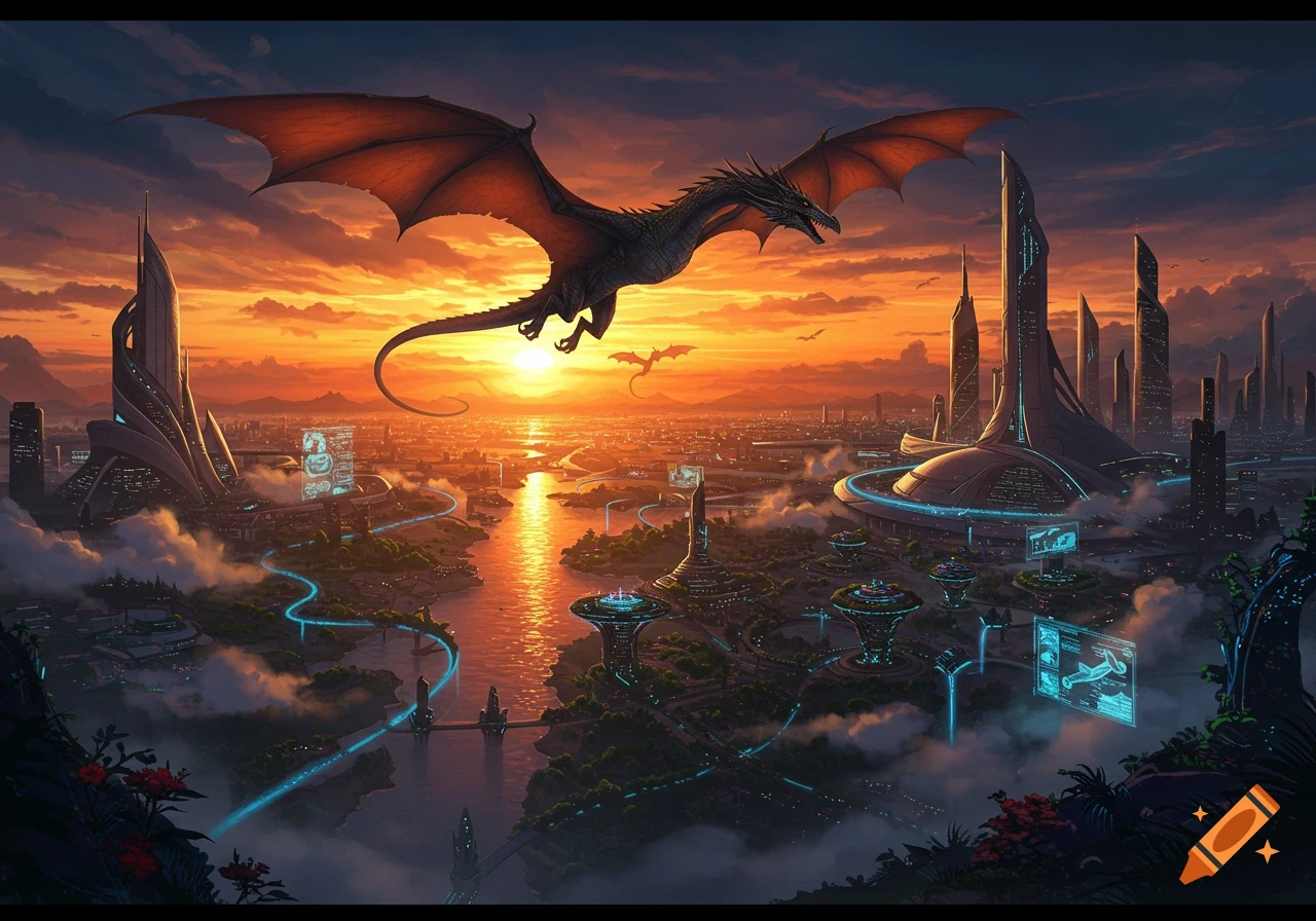 A large dragon flies over a futuristic city with glowing structures and a river during a vibrant orange sunset.