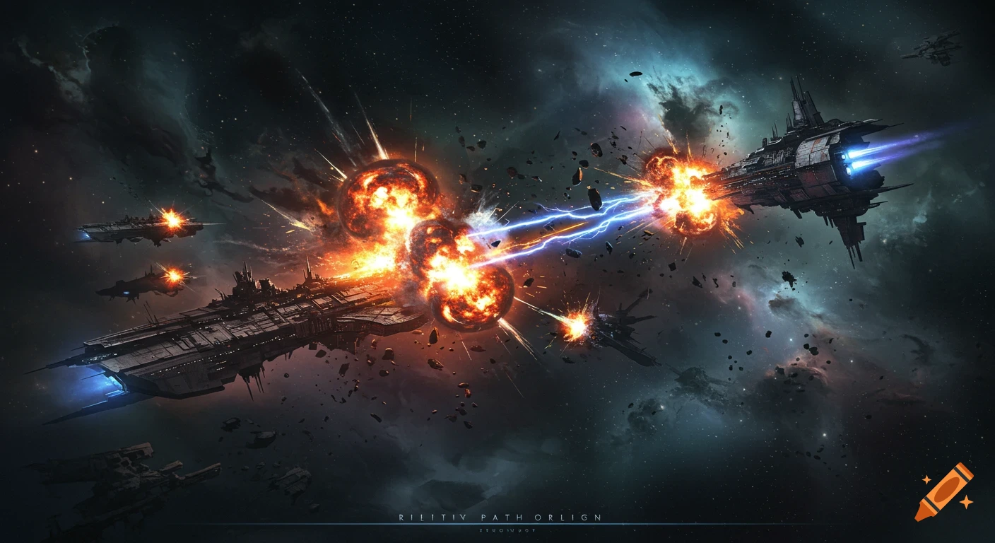 Titanic space battle between advanced warships amid dark nebulae, featuring large explosions and destruction.