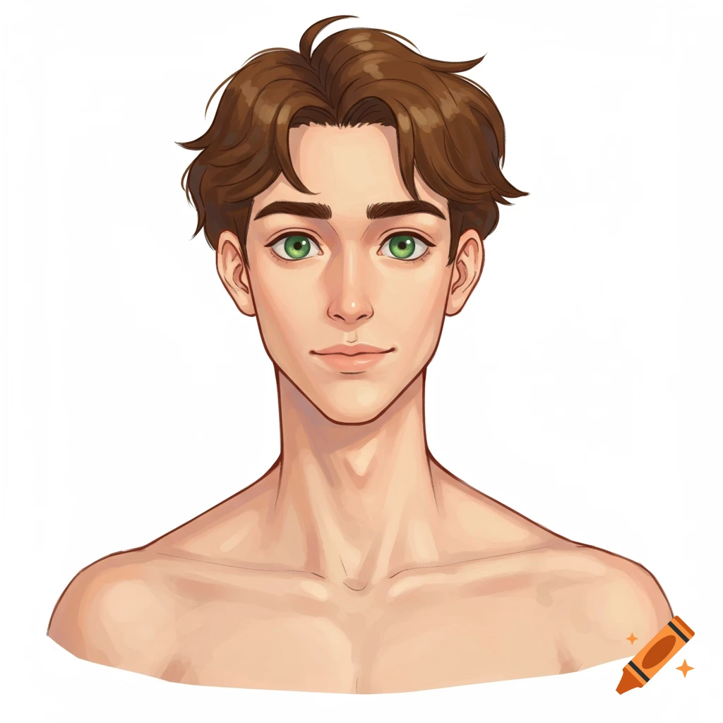 Stylized digital portrait of a young man with brown wavy hair and striking green eyes, bare-chested on a white background.